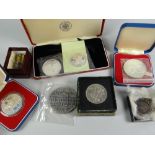 Parcel of commemorative coins in their cases together with an 1887 shilling etc