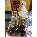 An antique painted glass vase, a single Staffordshire dog, sundry EPNS trophies etc