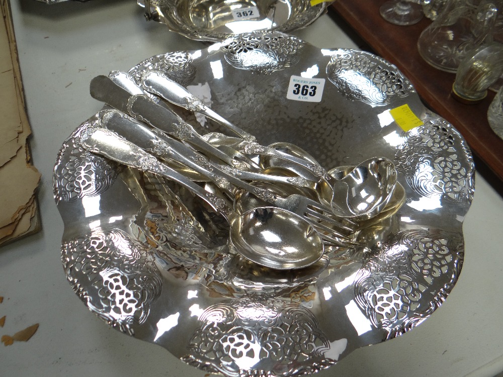 A parcel of Continental flatware & a pierced Continental EPNS fruit dish