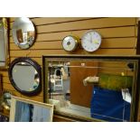 Three various mirrors, a brass effect barometer & a modern wall clock