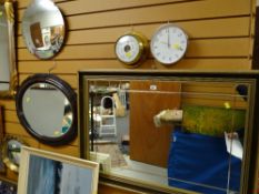 Three various mirrors, a brass effect barometer & a modern wall clock