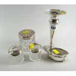 Three silver-topped cut-glass dressing-table jars & a silver (loaded) trumpet vase, together with