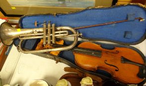 A cased violin (non attributed) together with a vintage Boosey & Co flugelhorn