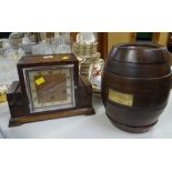 A pre-war polished mantel clock & a wooden sectioned barrel