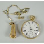 An 18ct gold pocket watch with open white enamel face bearing Roman numerals & subsidiary dial