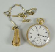 An 18ct gold pocket watch with open white enamel face bearing Roman numerals & subsidiary dial