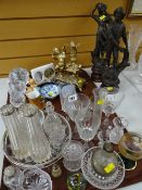 Two trays of glassware, ornaments & two spelter figures etc