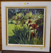 A modern framed oil on canvas of a garden, unsigned