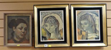 A pair of portrait prints & another, together with three miniature framed landscapes circa 1984,