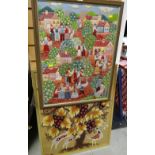 A framed tapestry in the folk style with numerous figures playing instruments and dancing, plus a