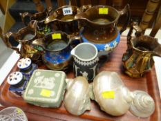 Parcel of antique copper lustre jugs, three mother of pearl shells etc