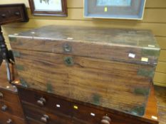 An antique brass-mounted camphor wood sailor's chest with twin iron handles, 90cms wide