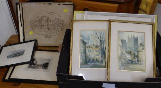 A box of various framed prints & etchings, watercolours etc