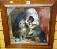 A framed turn of the century humorous watercolour of smoking dogs in hats presented in original