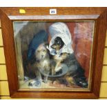 A framed turn of the century humorous watercolour of smoking dogs in hats presented in original