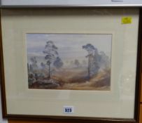 Framed watercolour of a misty landscape with trees by JONATHAN SAINSBURY, signed & dated 1993, 17