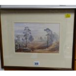 Framed watercolour of a misty landscape with trees by JONATHAN SAINSBURY, signed & dated 1993, 17