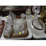 A quantity of cut glass including three decanters, a ceiling shade etc