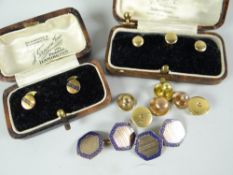 A group of mixed gold studs & a cased pair of enamel & machine-turned 9ct gold cuff-links & stud