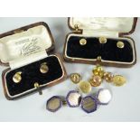 A group of mixed gold studs & a cased pair of enamel & machine-turned 9ct gold cuff-links & stud