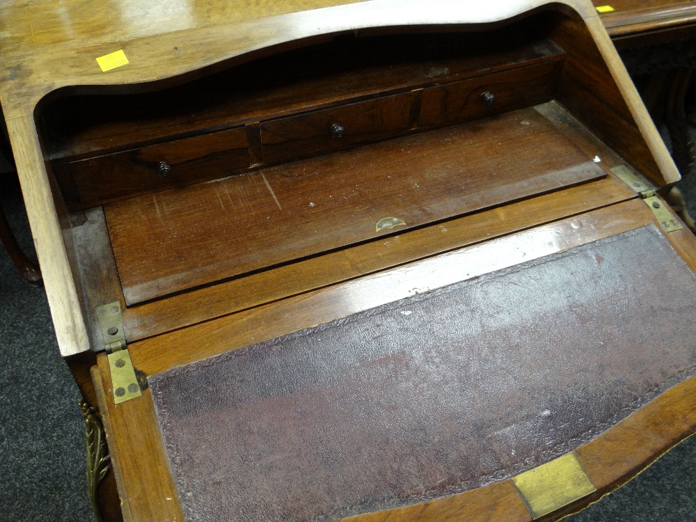 An antique marquetry walnut ladies writing desk with ormolu decorative mounts & gallery, 65cms wide - Image 3 of 3