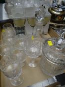 Collection of various cut glass including decanter, biscuit barrel & drinking glasses