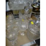 Collection of various cut glass including decanter, biscuit barrel & drinking glasses