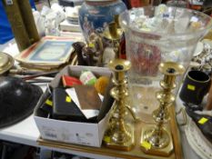 A large glass vase, a pair of brass candlestick holders & a parcel of vintage items including