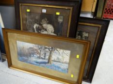 Three framed antique prints & a framed watercolour of a woodland scene