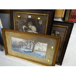 Three framed antique prints & a framed watercolour of a woodland scene