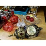 Cranberry glass decanters, continental brass & coloured stone lantern & other glassware etc