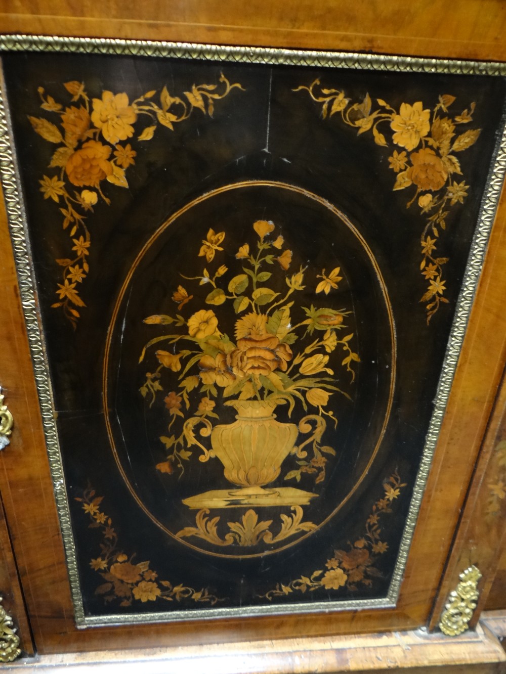 A good antique walnut and marquetry breakfront-credenza, composed of flanking glazed side cabinets & - Image 3 of 3