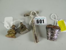 A novelty silver basket pin cushion, a silver (hallmarks rubbed) miniature toffee-hammer & two