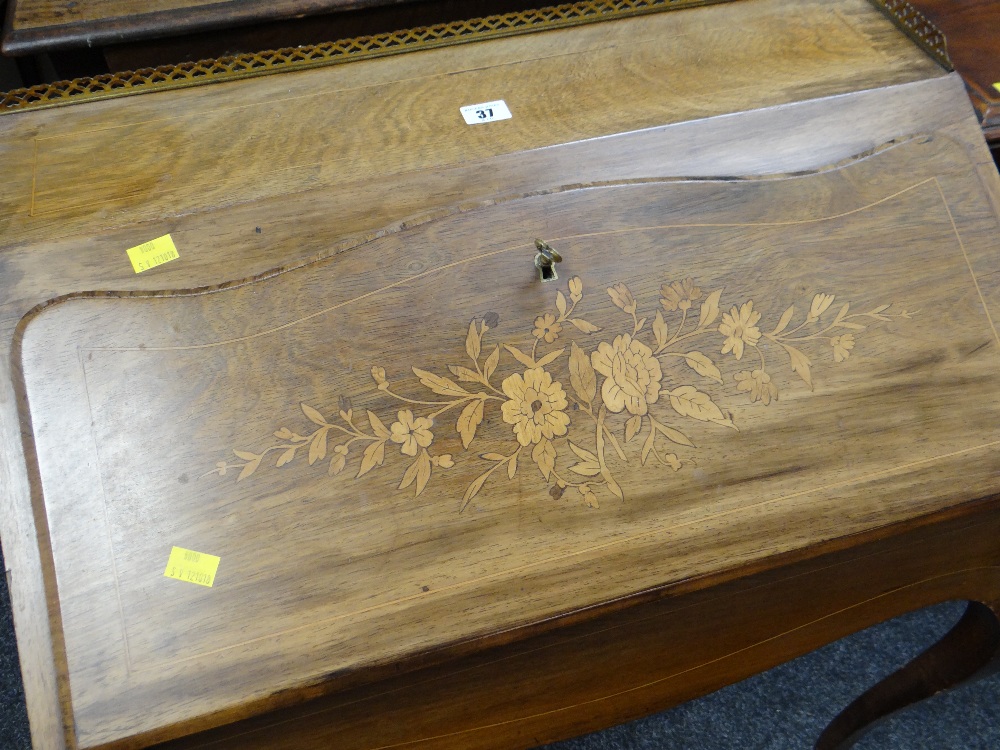 An antique marquetry walnut ladies writing desk with ormolu decorative mounts & gallery, 65cms wide - Image 2 of 3