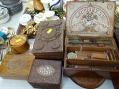Sundry wooden items including carved box, carved twin compartment cigar box etc
