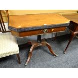 An antique foldover baize lined card table with ebony stringing & metallic mounts