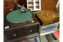 A vintage wind up gramophone, rosewood box (distressed) together with gramophone records etc