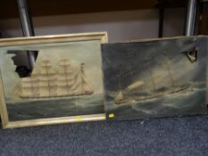 Two nineteenth century oil painting ship portraits of vessels at sea, both entitled with Chinese