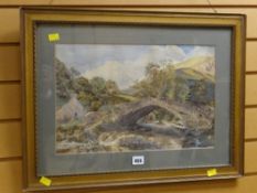 Framed watercolour of a rural scene with bridge circa 1890-1910