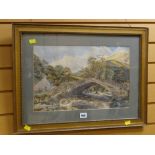 Framed watercolour of a rural scene with bridge circa 1890-1910