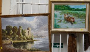Two modern oil paintings, one of Laugharne Castle & the other two figures gathering water lilies