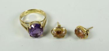 A modern amethyst ring & pair of similar earrings