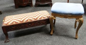 A small gilded footstool & a larger carved tapestry-cushioned rectangular footstool