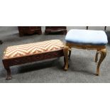 A small gilded footstool & a larger carved tapestry-cushioned rectangular footstool