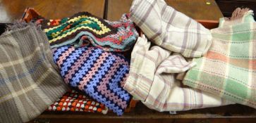 A parcel of various check patterned woollen blankets & crocheted blankets