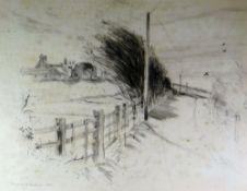 Framed pencil drawing by KEITH ANDREW of a farmland scene, signed & dated 1986, 37 x 47cms