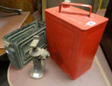 Vintage red metal Pratt's petrol can, car jack etc