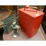 Vintage red metal Pratt's petrol can, car jack etc