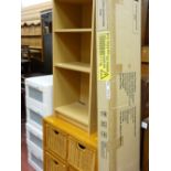 Parcel of white slim four drawer chest, modern four shelf bookcase, four basket weave drawer unit