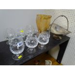 Quality brandy glasses, amber glass jug and an electroplate swing handled basket